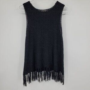 Pepin‎ Anthropologie Black Crochet Fringe Tassel Boho Sleeveless Sweater Shirt L